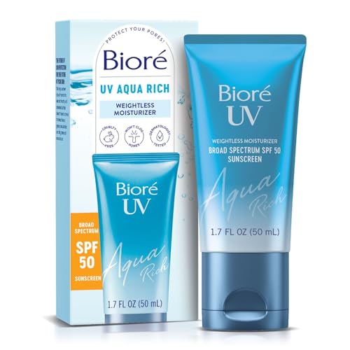 Biore UV Aqua Rich SPF 50 PA++++ Daily Moisturizer Sunscreen for Face, For Sensitive Skin, Oil Free, Hyaluronic Acid, Vegan, Oxybenzone & Octinoxate Free, Dermatologist Tested, Allure Winner, 1.7 Oz