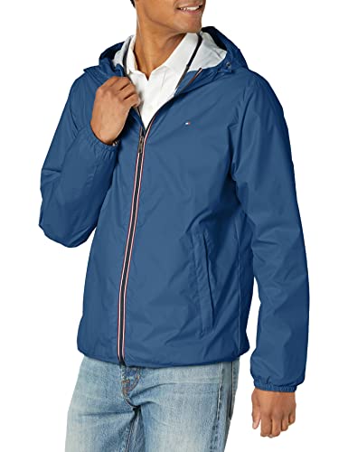 Tommy Hilfiger Men's Lightweight Active Water Resistant Hooded Rain Jacket, Nautical Blue, Large