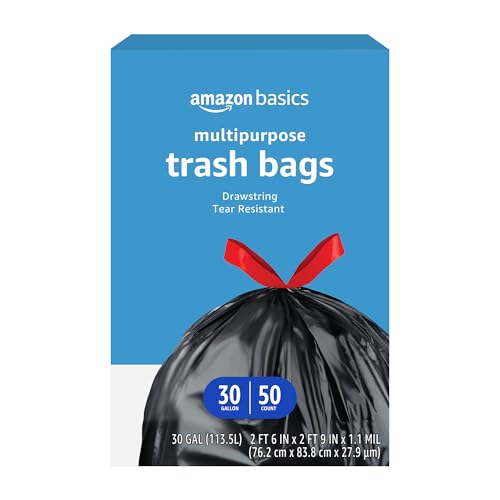 Amazon Basics Multipurpose Drawstring Trash Bags, 30 Gallon, 50 Count (Previously Solimo)