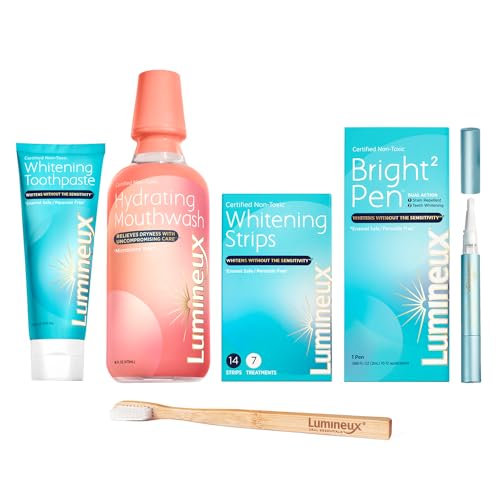 Lumineux Favorites Kit Peroxide Free Enamel Safe Includes 7 Whitening Treatments, 1 Whitening Pen, Hydrating Mouthwash, Whitening Toothpaste & Bamboo Toothbrush Certified Non-Toxic Dentist Formulated