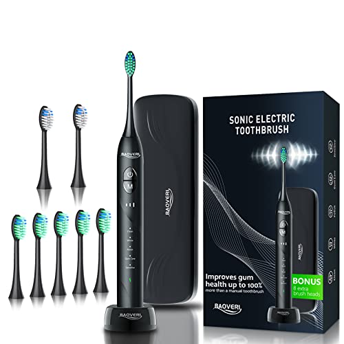 BAOVERI Sonic Electric Toothbrush for Adults - Wireless Rechargeable Toothbrush, 6 Brush Heads - 5 Brushing Modes with 3 Intensities - 42000 VPM Motor - Charge Lasts Up to 60 Days (Midnight Black)