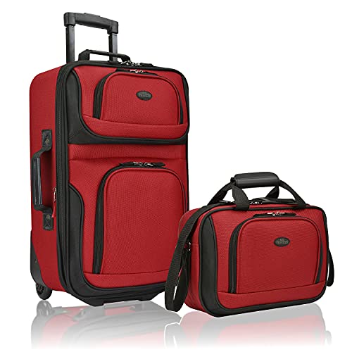 U.S. Traveler Lightweight Softside Suitcase, Rolling 20' Carry On Luggage, Red, Set