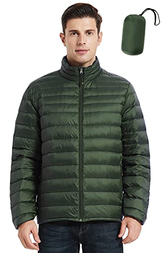 SLOW DOWN Men Lightweight Down Puffer Jakcet, Packable Winter Puffy Down Jacket with 2 Packing Bag (Forest Green,M)