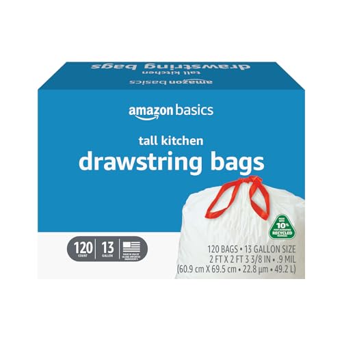 Amazon Basics - Tall Kitchen Trash Bags, 13 Gallon, 10% Post Consumer Recycled Content, Unscented, 120 Count, Pack of 1