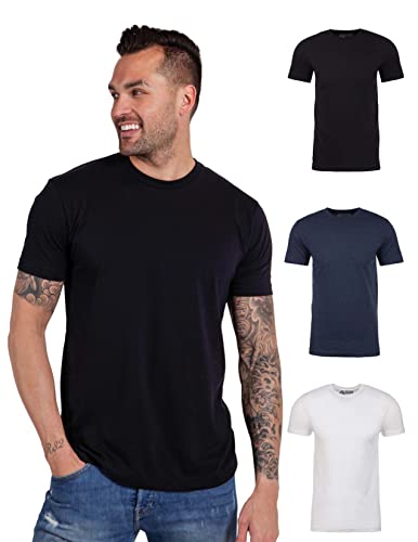 INTO THE AM Premium Men's Fitted Crew Neck Plain Essential Tees 3-Pack - Modern Fit Fresh Classic Short Sleeve T-Shirts for Men (Black/Navy/White, Medium)