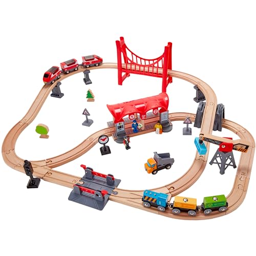 Hape Wooden Busy City Train Rail Set| 51 PCs Pretend Play Railway Set for Kids Age 3Y+