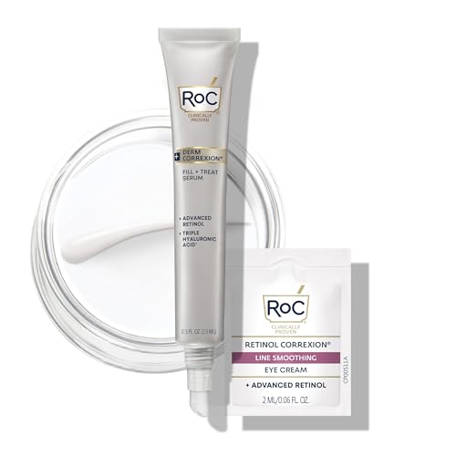 RoC Derm Correxion Fill + Treat Advanced Retinol Serum, Wrinkle Filler Treatment with Hyaluronic Acid for Crow's Feet, 11 Wrinkles, & Laugh Lines, (.5 fl oz) with Retinol Packette (Packaging May Vary)