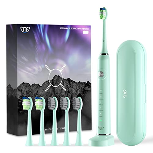 JTF Sonic Electric Toothbrush - with 6 Brush Heads and Travel Case, Power Toothbrushes Fast Charging for 60 Days Use, 5 Modes Adult Electronic Toothbrush, Green