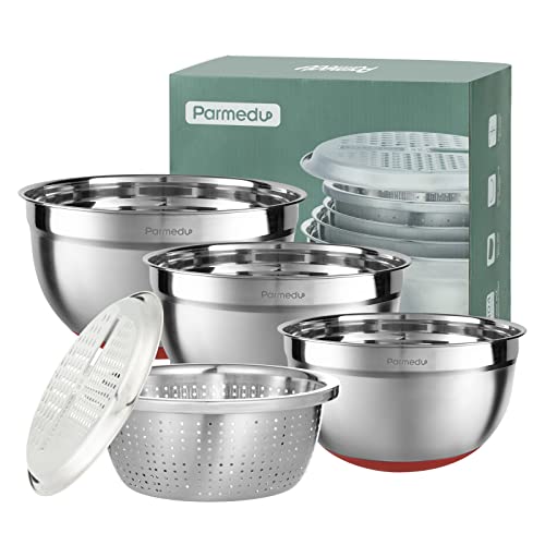 Parmedu 5-in-1 Multifunction Large 304 Stainless Steel Mixing Bowl Set, 3 Deep Nesting Salad Bowls Size 4QT, 3QT, 2.5QT & Colander & Grater, Model CK001