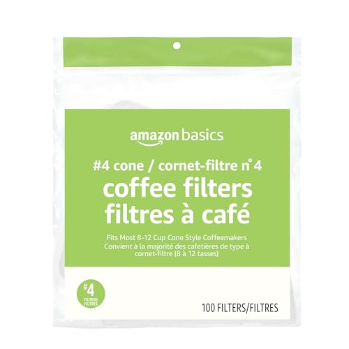 Amazon Basics Number 4 Cone Coffee Filters for 8-12 Cup Coffee Makers, White, 100 Count