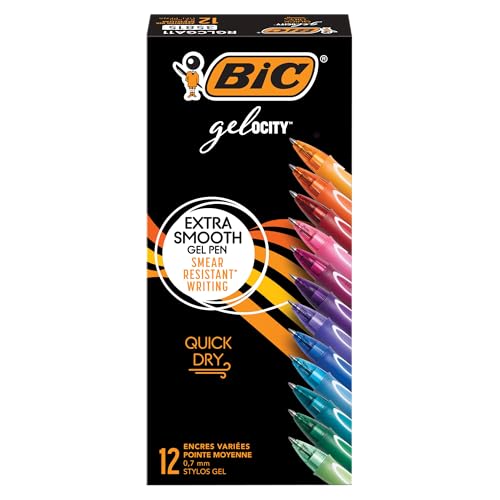 BIC Gelocity Quick Dry Assorted Colors Gel Pens (Colors May Vary), Medium Point (0.7mm), 12-Count Pack, Retractable Gel Pens With Comfortable Full Grip