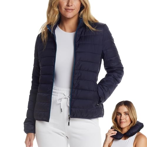 Weatherproof Women's Packable Puffer Jacket with Travel Neck Pillow - Lightweight, Warm, Water-Resistant Down Jacket (Medium) Navy | Quilted, Packable Travel Jacket with Long Zipper