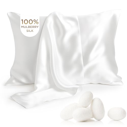 Bedsure 100% Mulberry Silk Pillowcase for Hair and Skin, White Silk Pillow Case with Hidden Zipper, Gifts for Women Men, Standard Size Single Pack,20x26 Inches