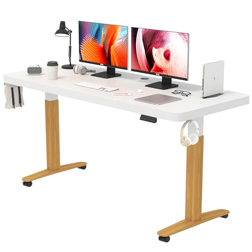 Monomi Electric Standing Desk, 55 x 24 inches Height Adjustable Desk, Ergonomic Home Office Sit Stand Up Desk with Memory Preset Controller (White Top/Wood Grain Frame)