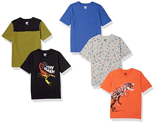 Amazon Essentials Boys' Short-Sleeve V-Neck T-Shirt Tops (Previously Spotted Zebra), Pack of 5, Blue/Black/Orange, Dinosaur, Medium