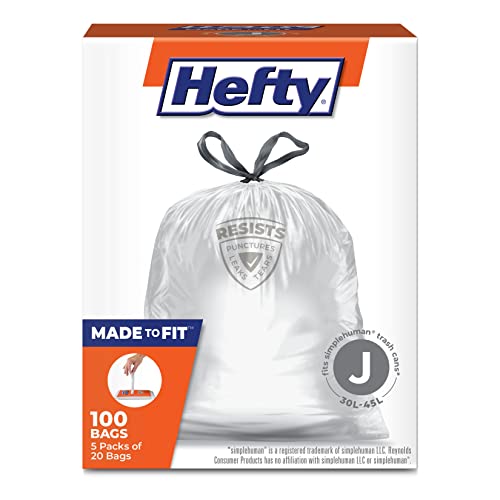 Hefty Made to Fit Trash Bags, Fits simplehuman Size J (12 Gallons), 100 Count (5 Pouches of 20 Bags Each) - Packaging May Vary