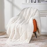 Topblan Weighted Blanket for Adults (60' x 80' 15lbs, Cream White), Soft Sherpa Queen Size Heavy Blanket, 3D Jacquard Flannel Fleece Weighted Blankets for Couch and Bed