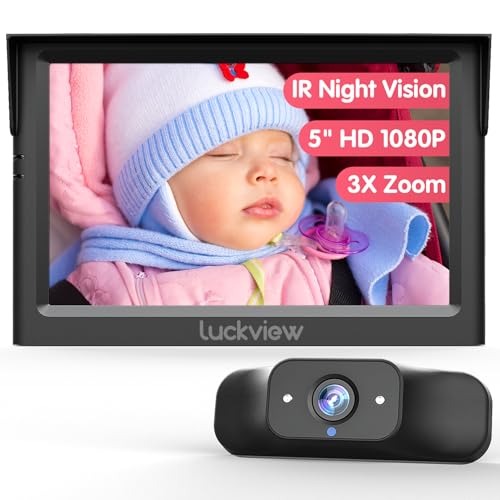 LUCKVIEW BM1 Baby Car Camera, 5'' 1080P Mirror Monitor with IR Night Vision, 3X Zoom in Closer, Full Crystal Clear View for Back Seat Rear Facing, 5 Mins Easy Installation Wired