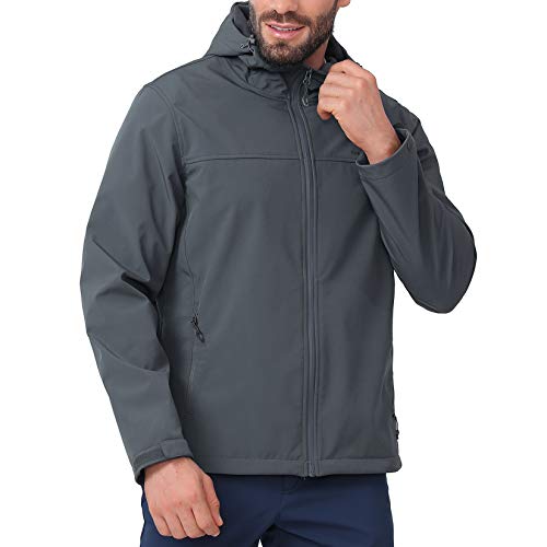 CAMEL CROWN Softshell Jacket Men Hooded Fleece Lined Outdoor Jackets Windproof Water Resistant for Hiking Casual Work Grey M