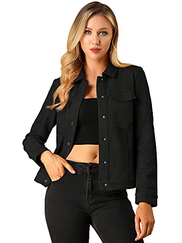 Allegra K Women's Turn-Down Collar Flap Pockets Snap Button Faux Suede Jacket Medium Black