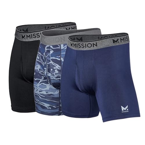 MISSION 6' Performance Mesh Boxer Briefs, Large - 3 Pack, Black, Matrix Camo, Navy - Anti-Roll Waistband - Soft, Moisture-Wicking Fabric