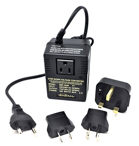 Simran International Travel Voltage Converter/Adapter Kit Includes 220V to 110V Deluxe Step Down Converter and EU/UK/AU/US Adapter Plugs, SMF-200K (SMF-200KIT)