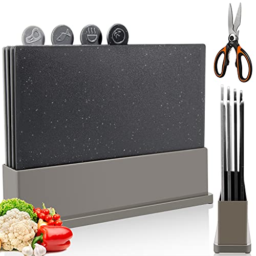 Index Cutting Board Set with Holder,Plastic Chopping Board Set of 4 with Draining Rack,Food Icon,Cutting Boards Dishwasher Safe,BPA Free,Easy to Storage for Kitchen,Send 1 Scissors(12.6' x 8.6')