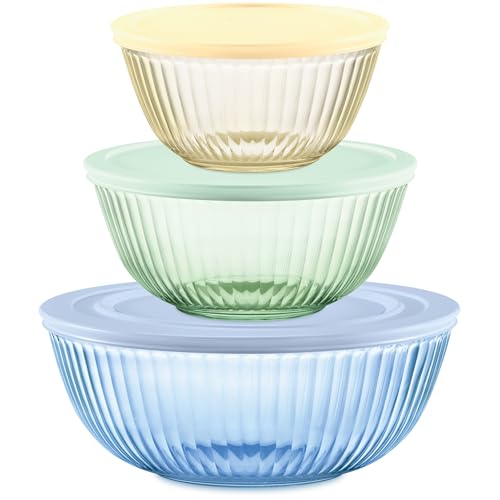 Pyrex Year Of Color Sculpted (3-Pack| 1.3 QT, 2.3 QT, 4.5 QT) Tinted Glass Mixing Bowls Set With Lids For Prepping, Baking and Cooking, Preheated Oven, Dishwasher, Freezer, and Microwave Safe