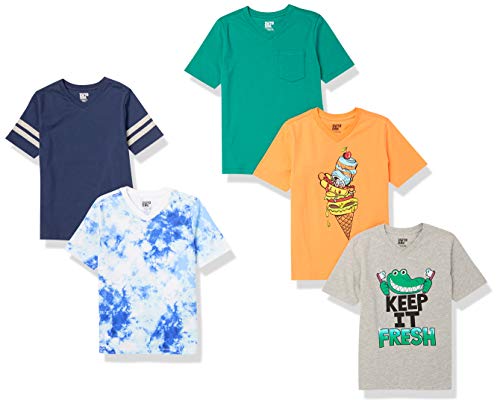 Amazon Essentials Boys' Short-Sleeve V-Neck T-Shirt Tops (Previously Spotted Zebra), Pack of 5, Grey/Navy/Light Orange, Ice Cream Sundae, Medium