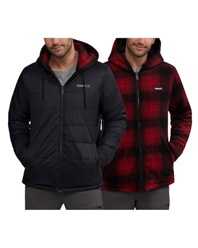 Hurley Men's Reversible Puffer Jacket - Quilted Nylon to Plaid Fleece Puffer Jacket - Insulated Winter Jackets for Men (S-XL), Size Medium, Black