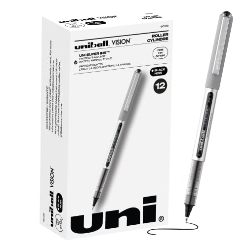 Uni-Ball Vision Rollerball Pens, Black Pens Pack of 12 - 0.7mm Fine Point Medium Black Ink - Teacher Pen, Japanese Pens, Smooth Writing Pens, Journaling Pens, School & Office Supplies