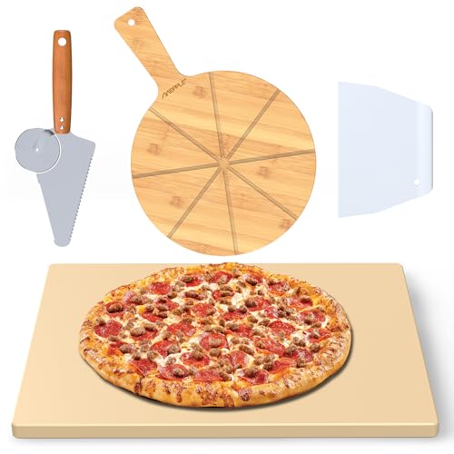 Mepple Pizza Stone For Grill Oven Baking & BBQ with Pizza Peel & Cutting Board Dual-purpose Pizza Roller Plastic Scraper Set Perfect for Crispy Crust Pizza Bread Toast Pie, 15' x 12' Pizza Stone