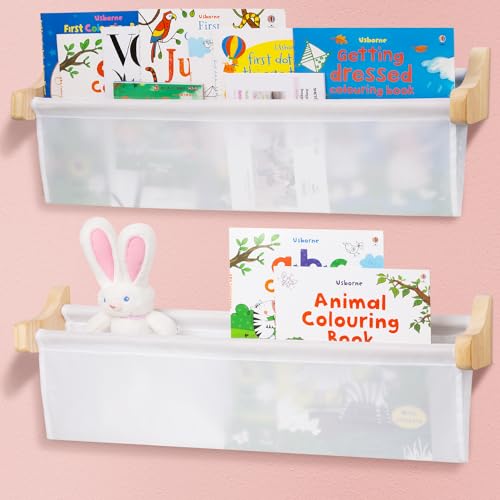 Volnamal Kids' Bookshelf Set of 2, Wall Mounted Floating Nursery Book Shelves, Bookshelf with Deep Pocket, Children's Bookcase Display for Nursery, Playroom or Kids Room