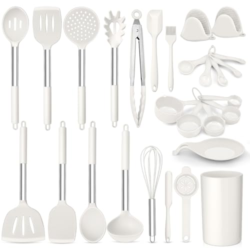 TeamFar Kitchen Utensils, 28 PCS Silicone Cooking Utensils with Stainless Steel Handle for Nonstick Cookware Cooking Baking Turning Mixing Serving, Healthy & Heatproof, Nonstick & Easy Clean, White