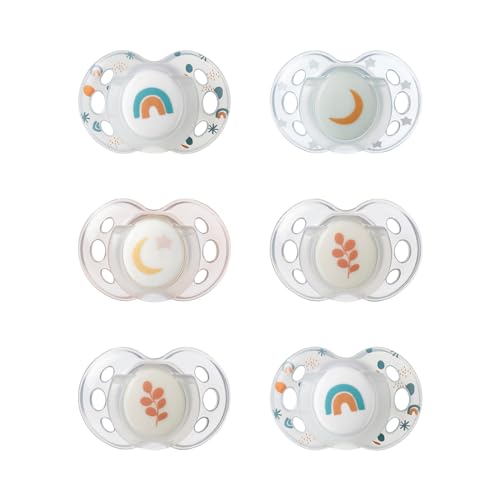 Tommee Tippee Night Time Pacifier, 18-36 Months, Symmetrical Silicone Baglet, BPA-Free Binkies, Glow in The Dark Technology, White Rainbow, Pack of 6