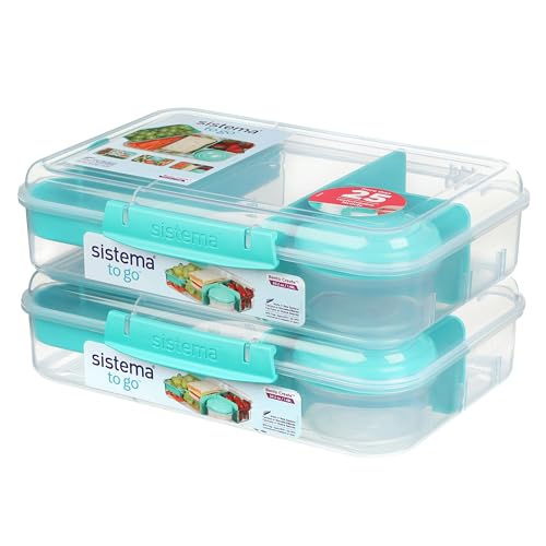 Sistema® Bento Create To Go™ 6-Cup Food Storage Container Bento Box with Lid and Dividers, 2 pack, Minty Teal