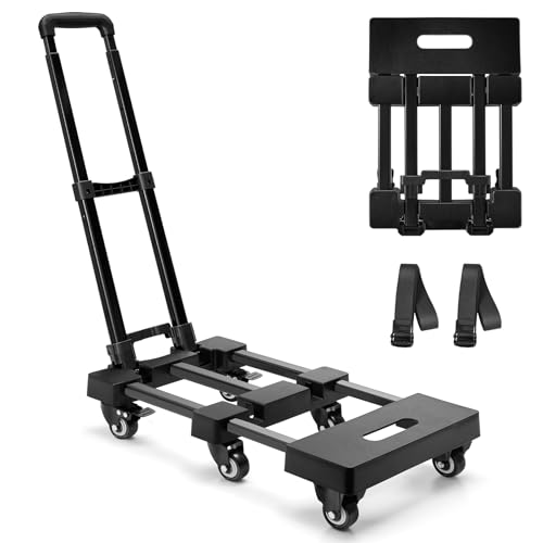 KEDSUM Upgraded Folding Hand Truck, 600lbs Load-Bearing Foldable Dolly Cart, Adjustable Handle Luggage Cart, Utility Cart with 6 Wheels & 2 Lashing Straps for Airport, Travel, Moving, Shopping, Office