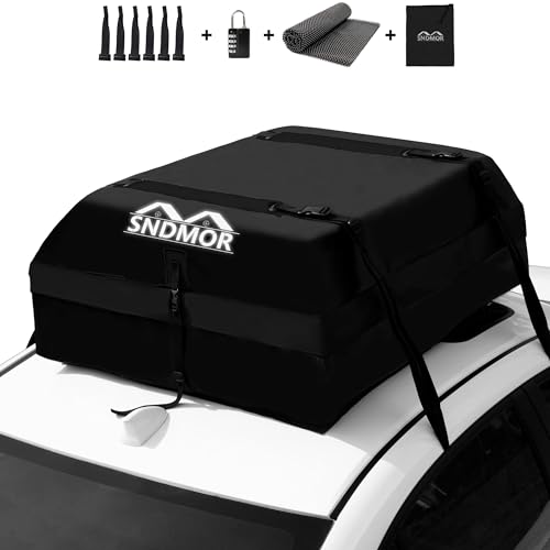 SNDMOR Car Roof Bag,15 Cubic Feet Waterproof Car Rooftop Cargo Carrier Bag, Roof Bag Cargo Carrier for All Vehicle with/Without Racks,Includes Anti-Slip Mat+4 Reinforced Straps+6 Door Hooks (Black)