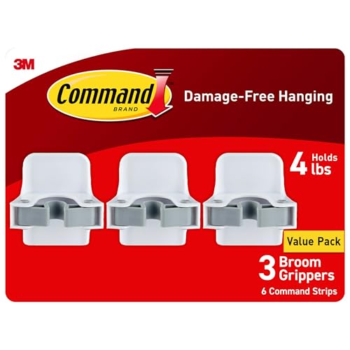 Command Broom and Mop Grippers, 3 Hangers and 6 Command Strips, Damage Free Hanging Wall Mount Broom and Mop Holder, Household Cleaning Organizer for Christmas Decorations, Holds up to 4 lb