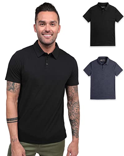 INTO THE AM Essential Polo Shirts for Men 2 Pack - Collared Shirt Men Fitted Short Sleeve Classic Golf Collar Shirts Multipack (Black/Navy, Medium)