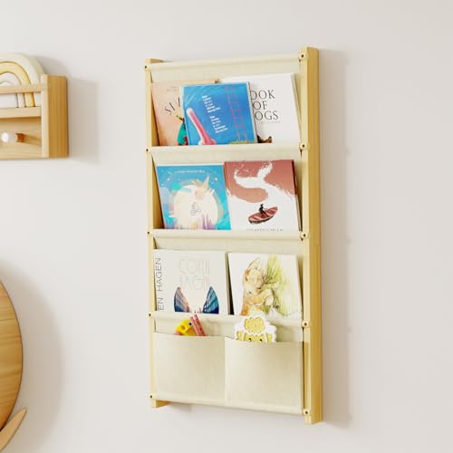 Wood 4-Tier Wall Mounted Kids Bookshelf – Floating Book Shelf For Kids Rooms,Nursery & Classroom, Hanging Bookcase Organizer For Books, Nursery Shelves, Toddler Book Shelf, Montessori Bookshelf