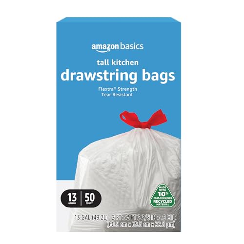 Amazon Basics Flextra Tall Kitchen Drawstring Trash Bags,10% Post Consumer Recycled Content, 13 Gallon, 50 Count, Pack of 1