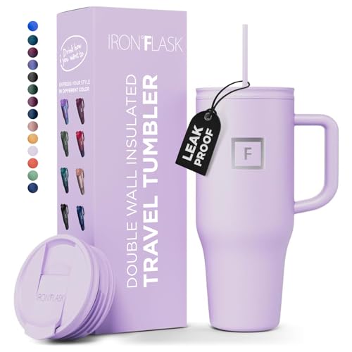 IRON FLASK Co-Pilot Insulated Mug w/Straw & Flip Cap Lids - Cup Holder Bottle for Hot, Cold Drink - Leak-Proof - Water, Coffee Portable Travel Mug - Lavender, 32 Oz