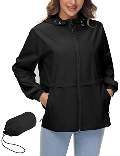 Avoogue Raincoat Women Lightweight Waterproof Rain Jackets Packable Outdoor Hooded Windbreaker Black L