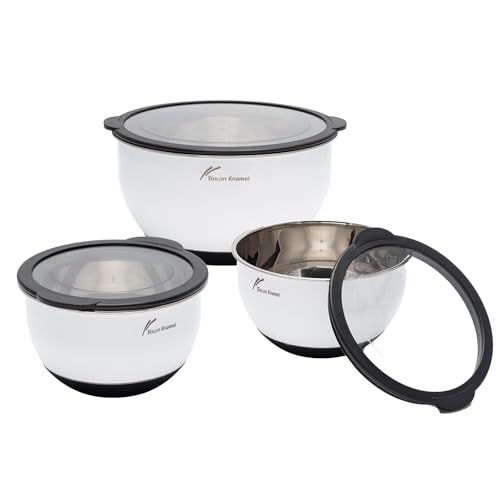 Tinlon Enamel Stainless Steel Mixing Bowls Set with Airtight Lids, Salad Bowls for Kitchen Space Saving Storage, Great for Cooking, Baking, Prepping, Size 1.5, 3, 5 QT