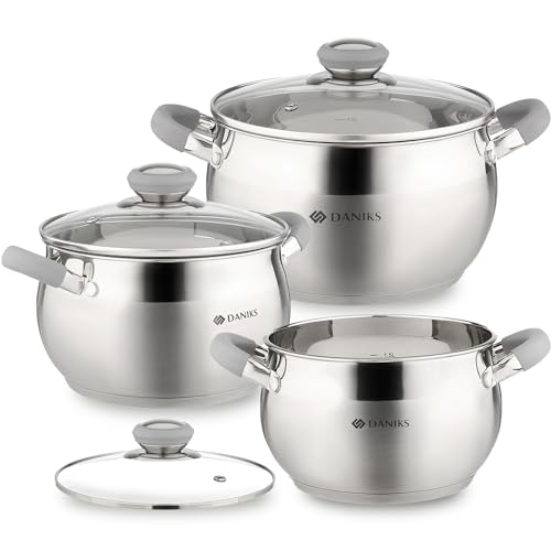 Daniks Modern Stainless Steel Kitchen Induction Pot Cookware Set | 6-Piece | Dishwasher Safe Pots | 2 Quart + 3 Quart + 4 Quart | Heatproof Handles | Silver