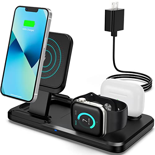 3 in 1 Charging Station for Apple Multiple Devices, Foldable Wireless Charger Portable Travel Charging Dock Charger Stand Compatible with iPhone Airpods Apple Watch with Adapter