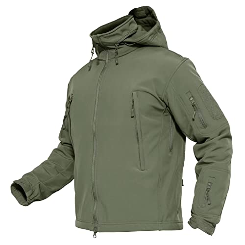 MAGCOMSEN Work Jacket Men, Softshell Jacket with Detachable Hood Tactical Military Jacket, Windproof Coats Army Green L