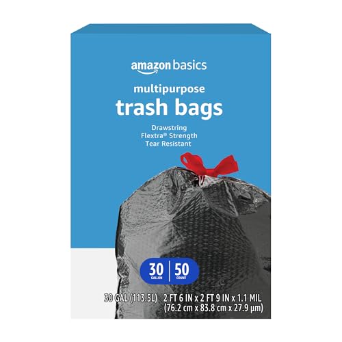 Amazon Basics Flextra Multipurpose Drawstring Trash Bags, 30 Gallon, 50 Count