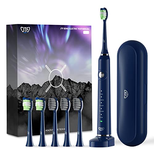 JTF Sonic Electric Toothbrush for Adults - Fast Rechargeable Toothbrush with Travel Case and 6 Brush Heads, 5 Modes Smart Toothbrushes, Navy Blue